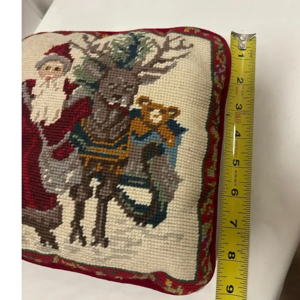 Vintage Christmas Accent Needlepoint Santa & Reindeer Pillow Red Velvet 9x9